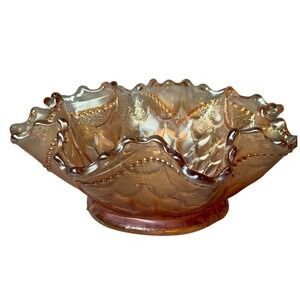 Dugan Marigold Carnival Glass Iridescent Bowl Crimped Ruffled Fish Scale/Bead 6"
